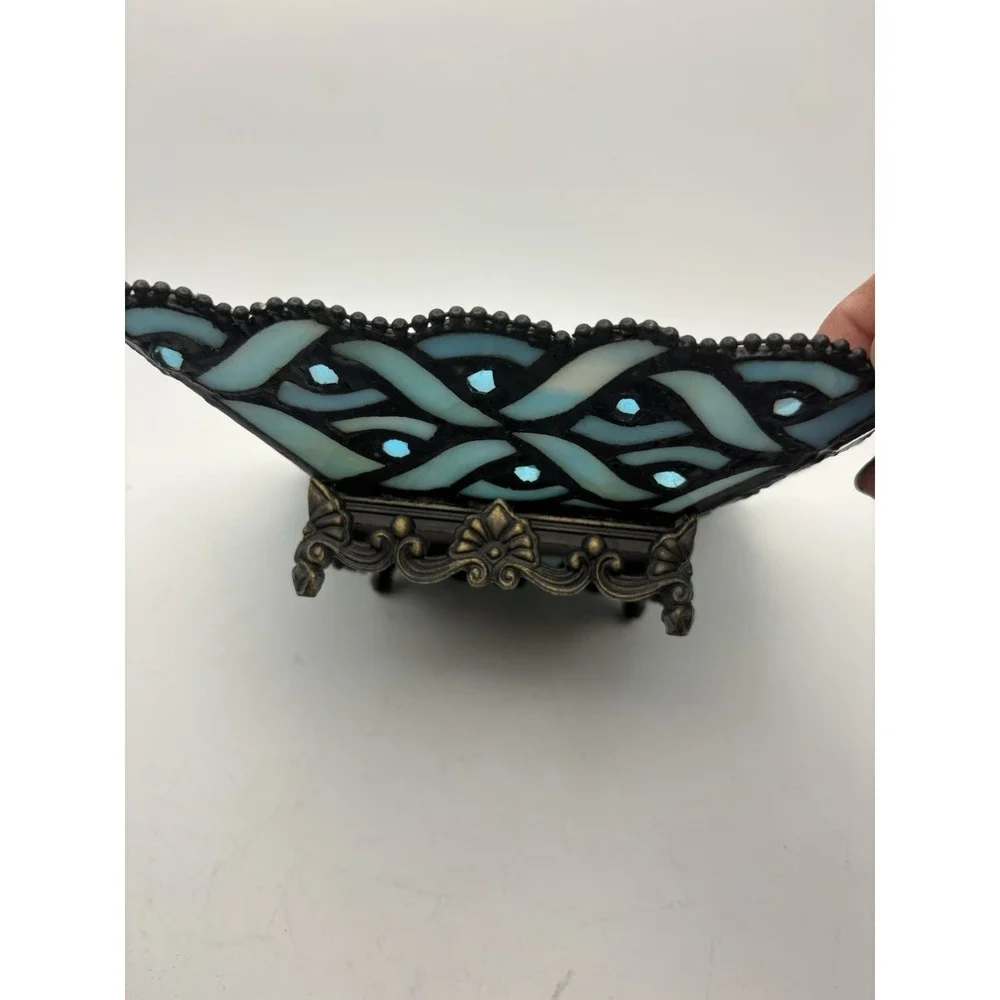 Party Lite Spring Water Blue Stained Glass Pillar Candle Holder Square Mosaic